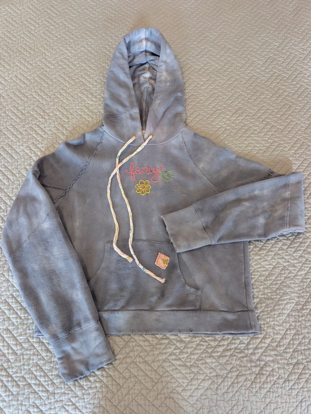 LoveShackFancy Sweatshirt Size XS Blue "Fancy" Embroidered Drawstring (0222)